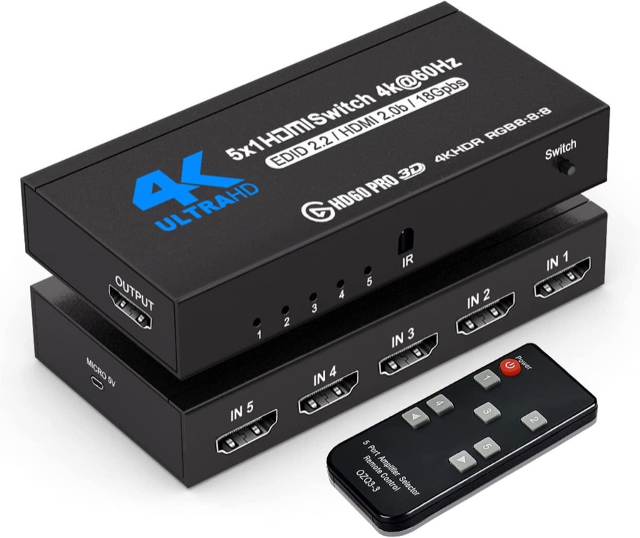 AUBEAMTO Signal Routing Adapter - HDMI Switch with Remote 5 Port 4K 60Hz